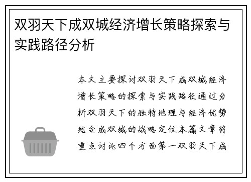 双羽天下成双城经济增长策略探索与实践路径分析