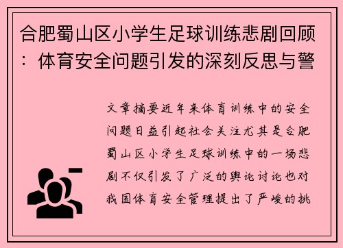 合肥蜀山区小学生足球训练悲剧回顾：体育安全问题引发的深刻反思与警示